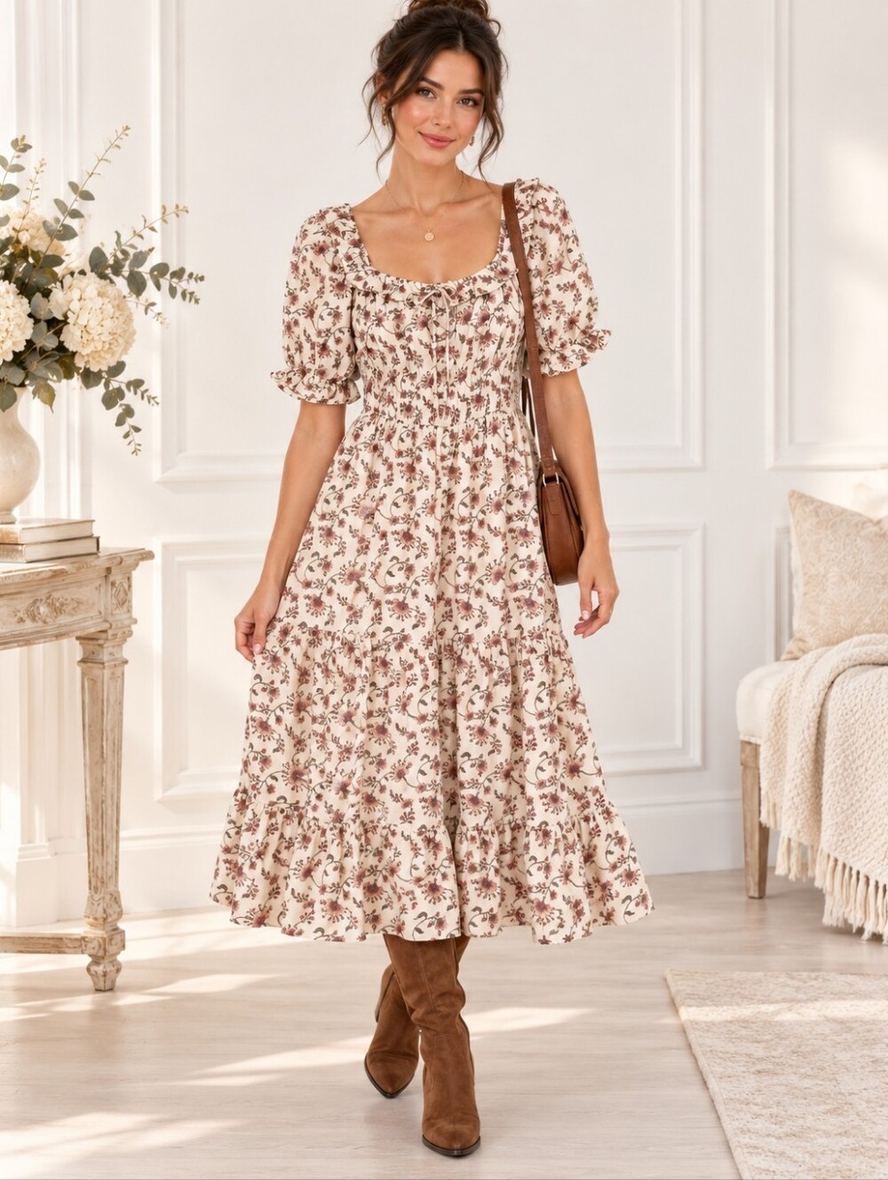 Trixxi Floral Cottagecore Tiered Midi Dress Puff Sleeve | Size Medium